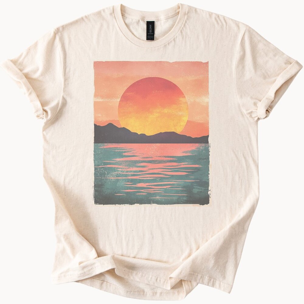 Sunset Mountain Lake Graphic T Shirt Nature Art Sunrise Water Reflection Tee
